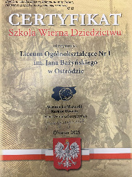 CERTYFIKAT SZKOŁA WIERNA DZIEDZICTWU